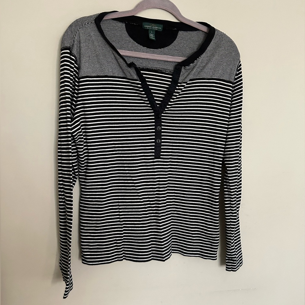 Ralph Lauren Deep V-Neck Henley Shirt Blue & White Striped Women’s Large